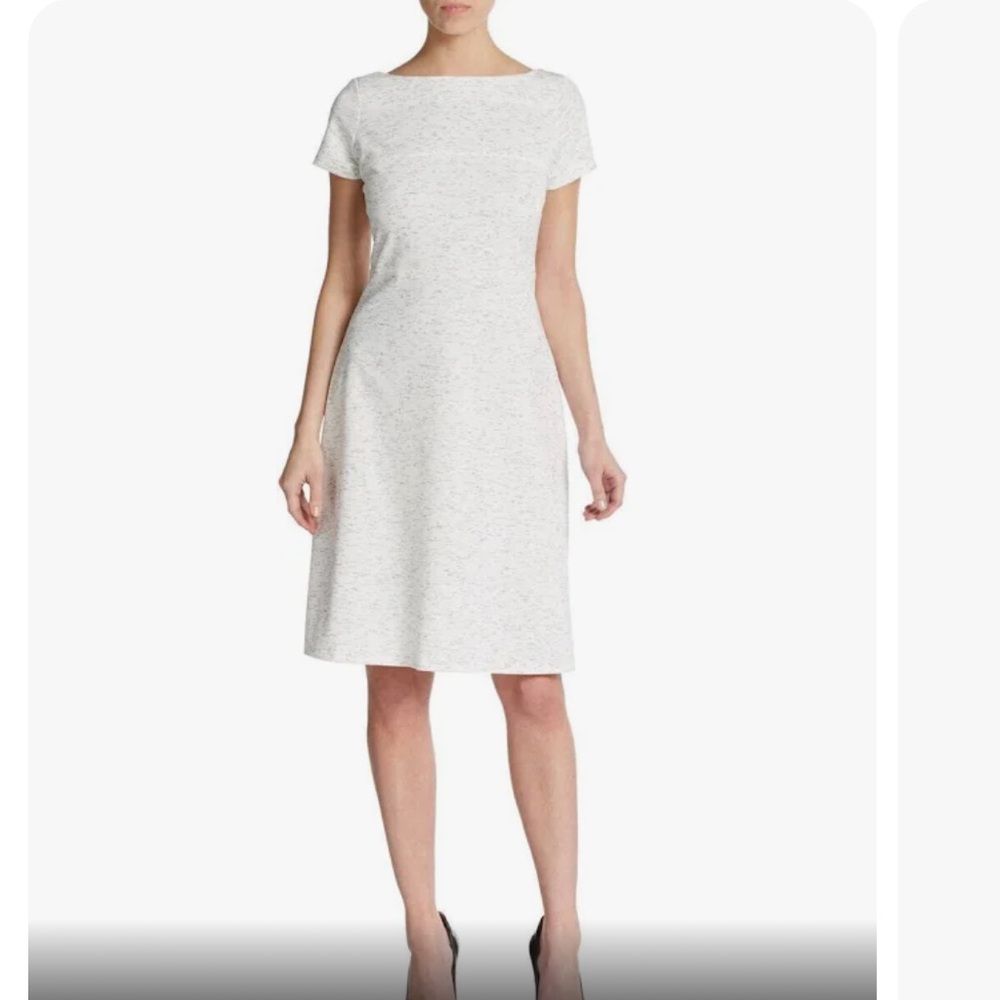 🤍 Stunning White w/ black detail fit & flare midi boatneck dress 14